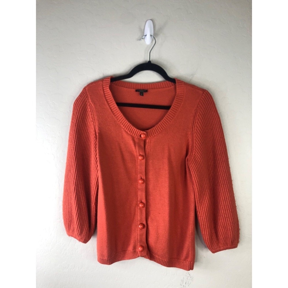 TALBOTS Womens S Persimmon Orange Scoop Neck Button Cardigan Sleeve Angora Blend